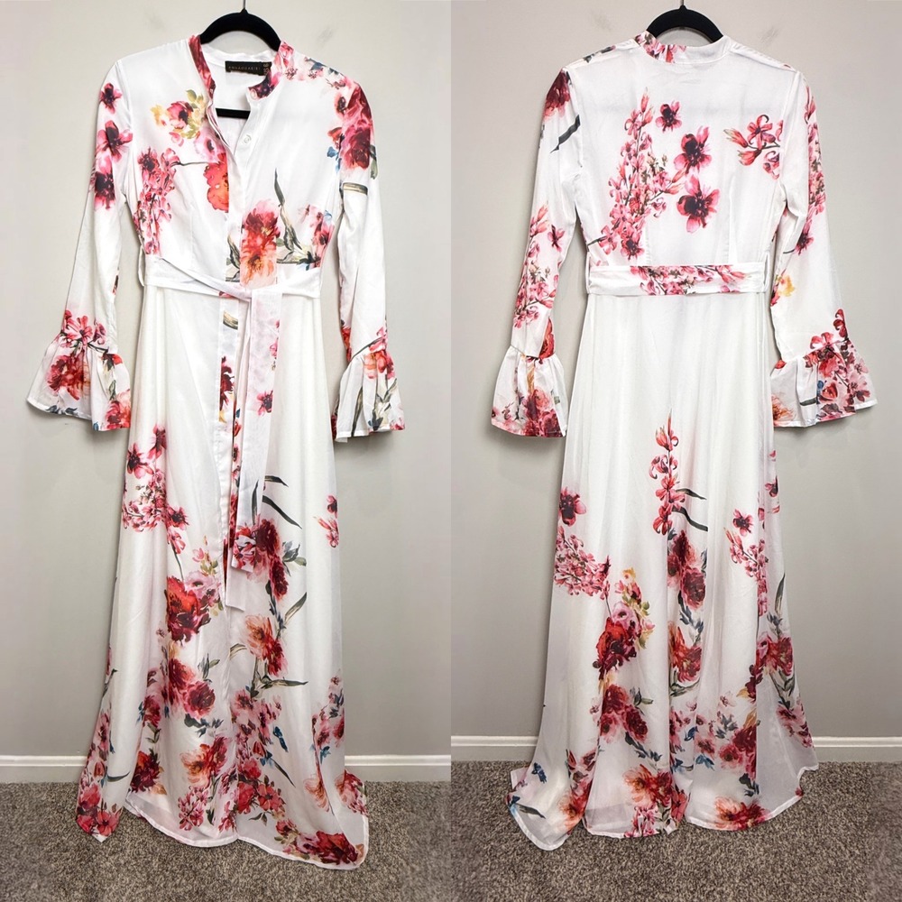 Annah Hariri Maxi Dress Modest Bell Sleeve White Floral Button Down Belted 6
